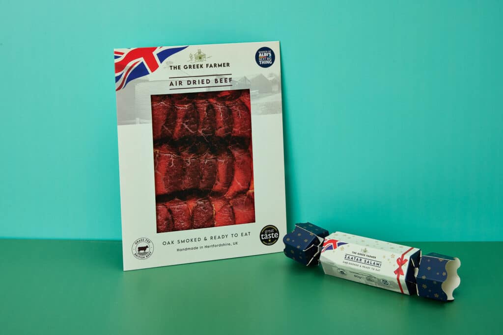 The Greek Farmer Bespoke Die Cut Packaging Wallet and Cracker Packaging with spot colour pantone print